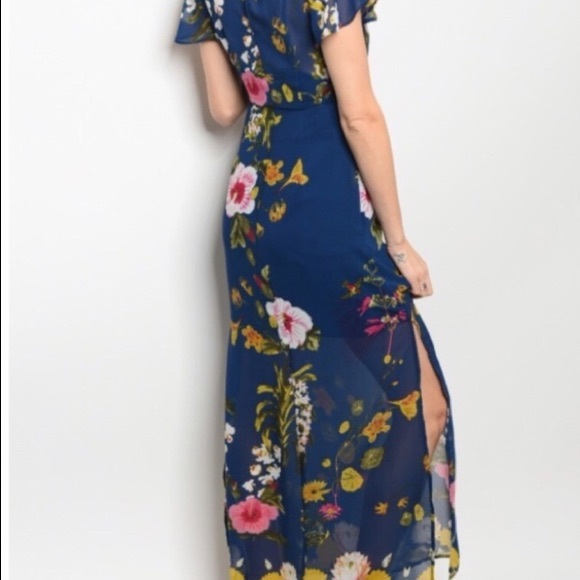 NWT Blue and Yellow Floral Maxi Dress Short Sl - Picture 4 of 8